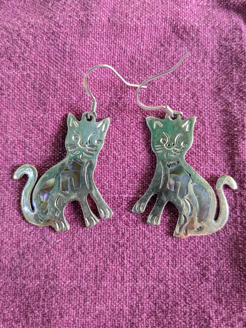 Silver Cat Earrings with Mother of Pearl Inlay